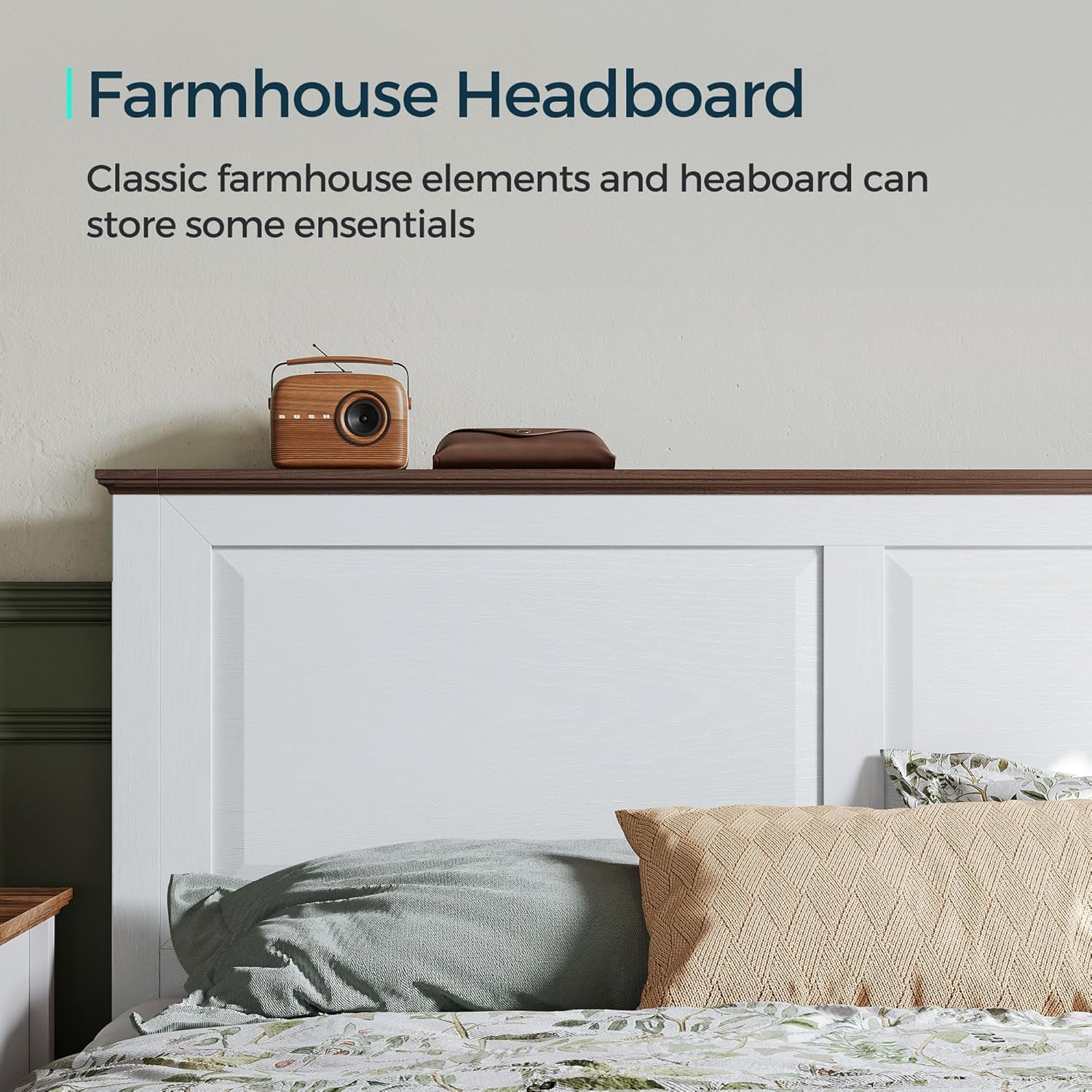 Farmhouse Bed Frame, Full Bedframe with Headboard and Footboard, Wooden Bed Frame with Solid Wood Slats, Rustic White Platform Bed Frames Full Size, No Box Spring Needed