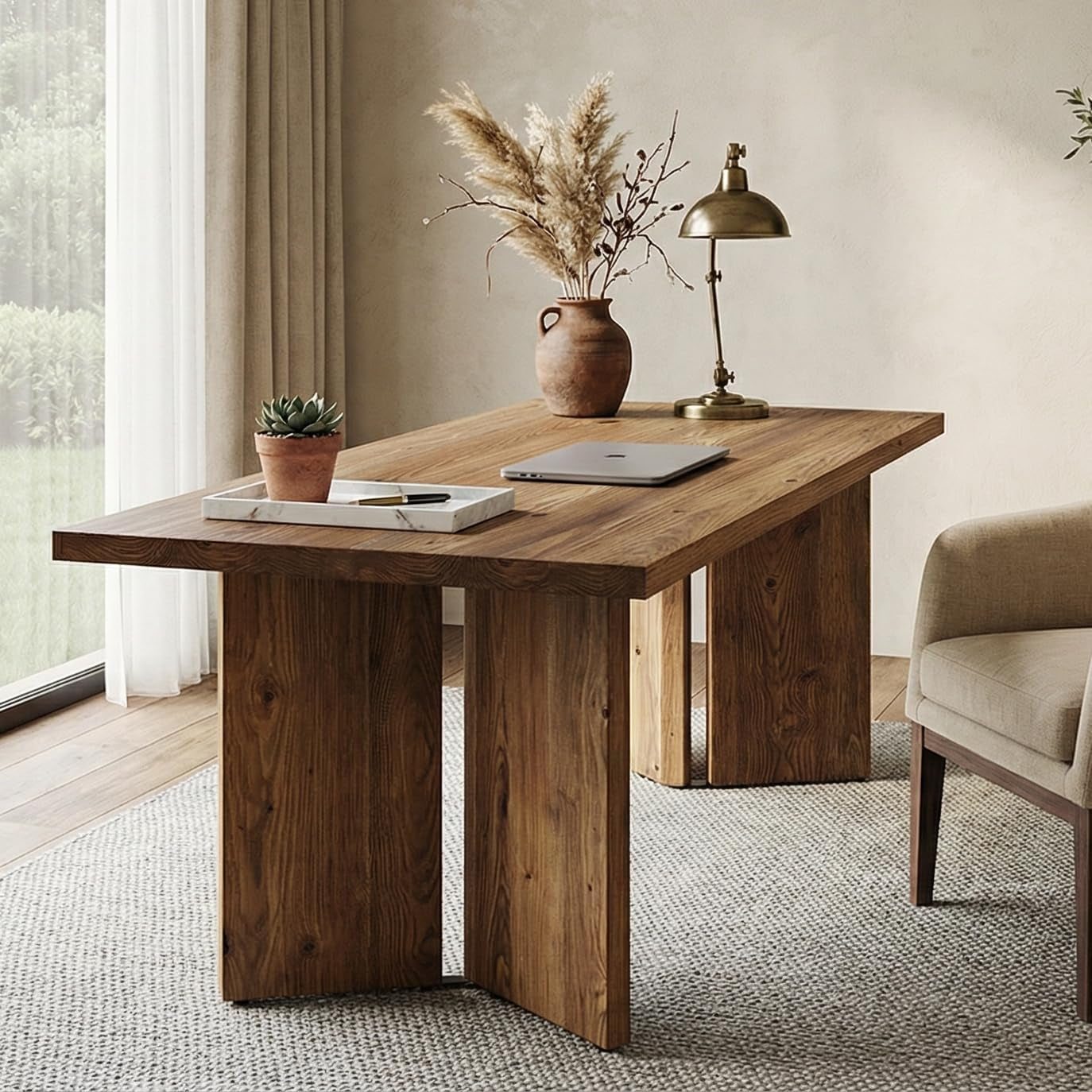 63" Long Large Wood Desks, Solid Wood Office Desk, Farmhouse Executive Computer Desk, Home Office Workstaticon, Work Writing Table, Rustic Brown
