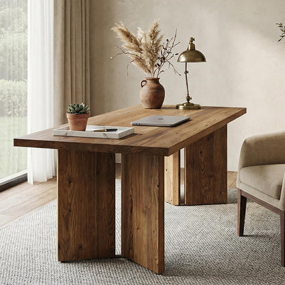 63" Long Large Wood Desks, Solid Wood Office Desk, Farmhouse Executive Computer Desk, Home Office Workstaticon, Work Writing Table, Rustic Brown