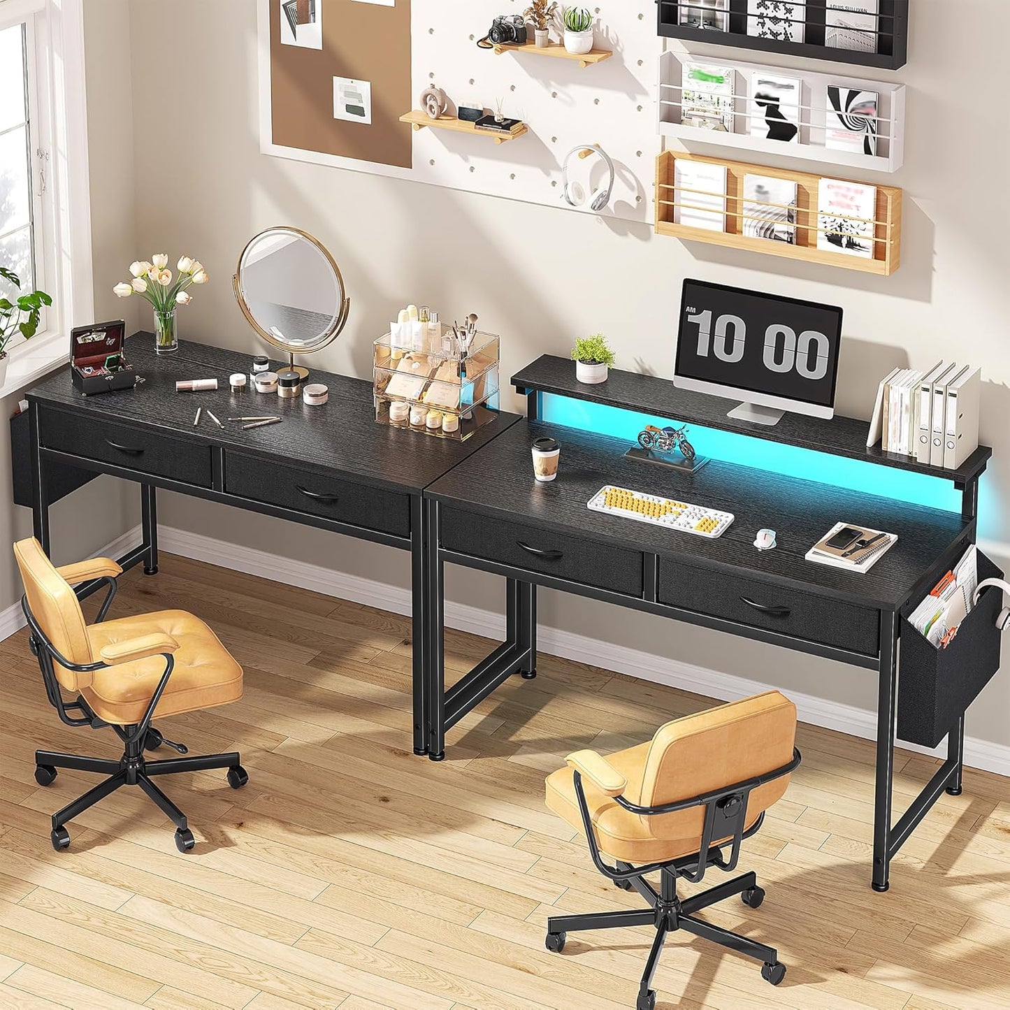 Gaming Desk with LED Lights & 2 Fabric Drawers, 39.4Inch Home Office Computer Desk with Side Pocket & Ergonomic Monitor Stand, Small Space Study Writing Table with Anti-Tip Design,Black