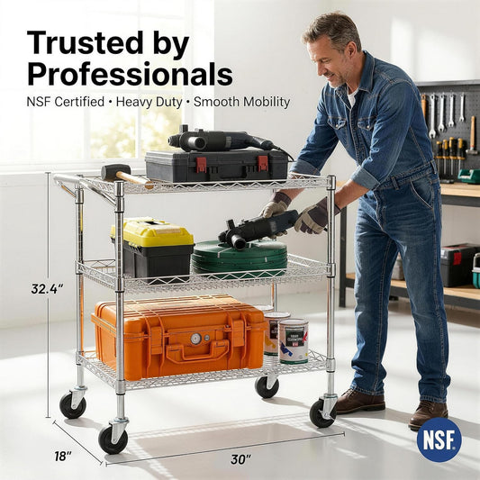 3 Tier Heavy Duty Commercial Grade Utility Cart, Wire Rolling Cart with Handle Bar, Steel Service Cart with Wheels, Utility Shelf Plant Display Shelf Food Storage Trolley, NSF Listed