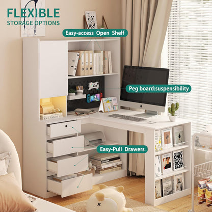 Home Office Desks with Drawers Bookcase,L Shaped Modern Wooden Gaming Computer Table for Work Study Writing,Right Side Corner Desk,White