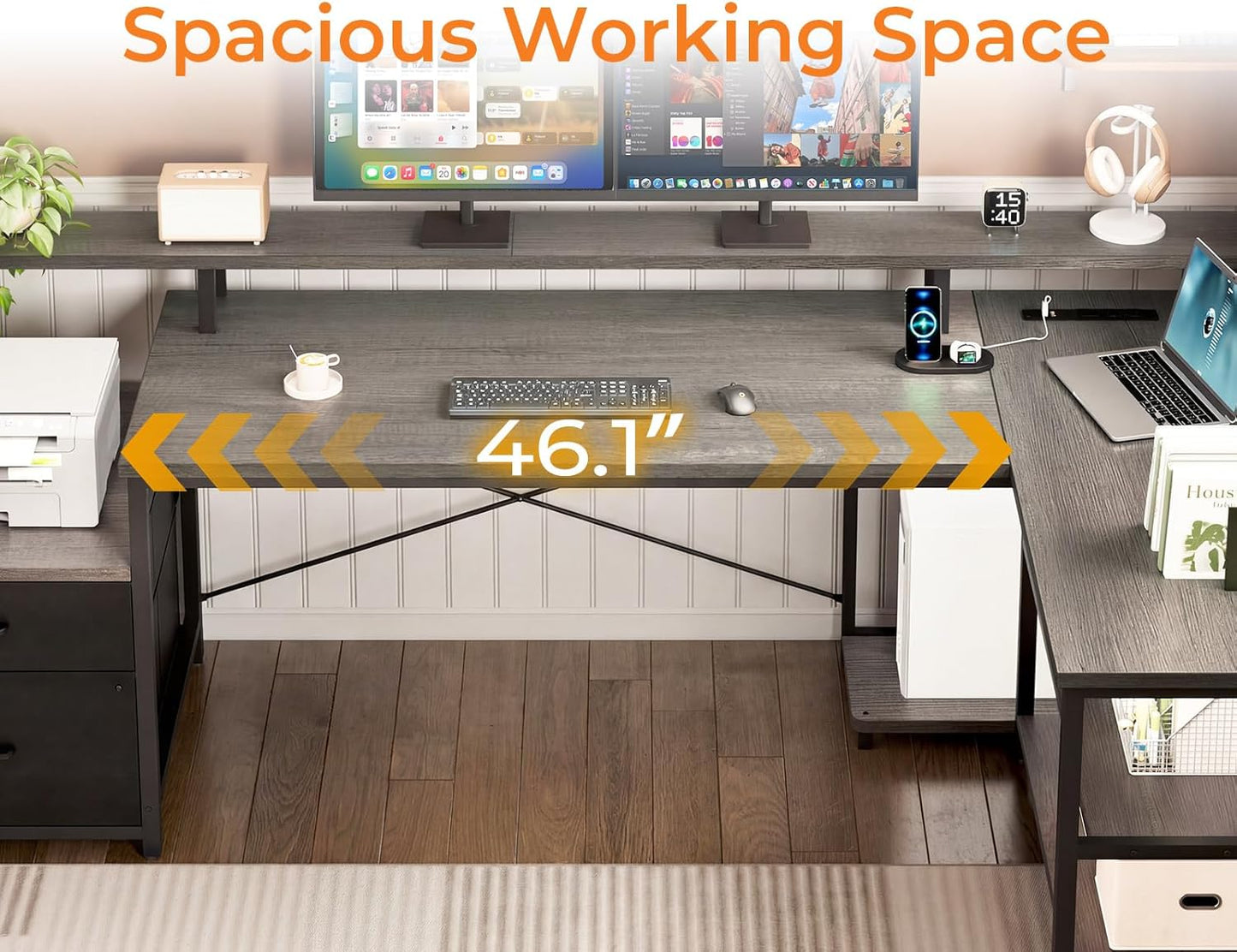 75" L Shaped Desk with File Drawers, Work from Home Office Desk with Power Outlet, Reversible Computer Desk with Storage Shelves, Gaming Desk with Monitor Shelf, Corner WFM Table, Grey Oak