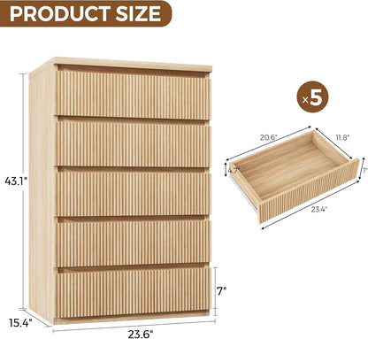 Fluted 5 Drawer Dresser for Bedroom, 43" Tall Dresser for Bedroom, Modern Fluted Chest of Drawers, Handle-Free/Floor-Mounted Wood Drawer Dresser for Living Room, Bedroom, Entryway, Hallway (Oak)