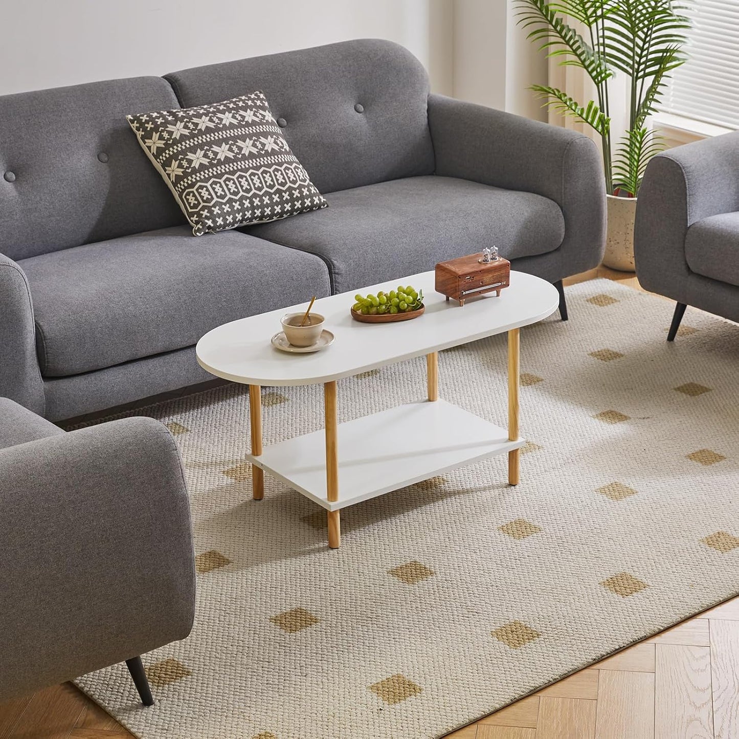 Oval Coffee Table White, Small Wooden Coffee Table for Small Space, Tea Table Stand 35 * 16 * 17 Inches, 2 Tier Center Table for Living Room White YD-012W