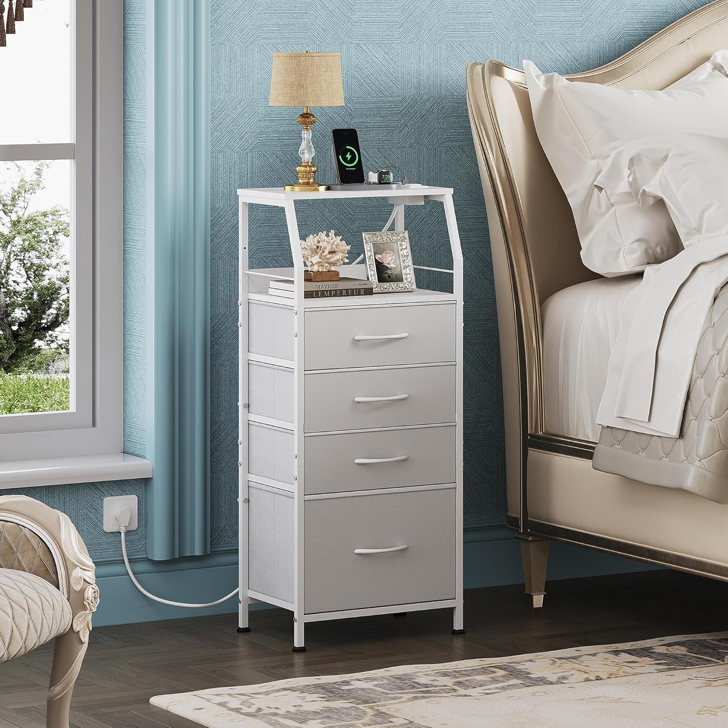 Night Stand with Charger Station, White Nightstand with LED Light and 4 Storage Drawers, Tall Dresser for Bedroom, 37.48" H Bedside Table with Fabric Bins, Wood Shelf