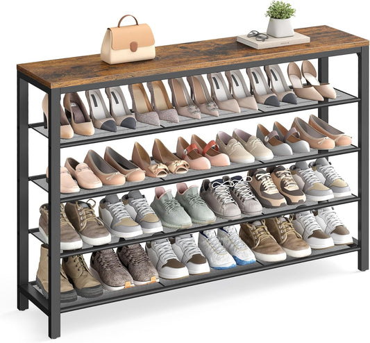 5 Tier Shoe Rack for Closet, Entryway, 20-25 Pairs of Shoes, Large Shoe Organizer with 4 Metal Mesh Shelves, 11.8 X 47.2 X 36.4 Inches, Rustic Brown and Black ULBS205B01
