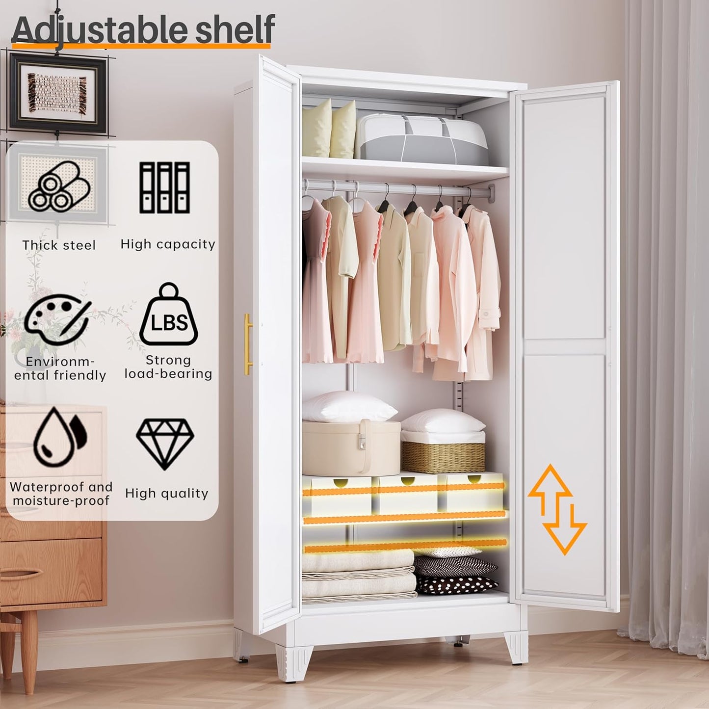 RIETERN Metal Armoire Wardrobe Closet, 71" Tall Bedroom Closet with Mirror, Adjustable Shelves, and Hanging Rod, Steel Clothes Closets and Storage, for Bedroom White