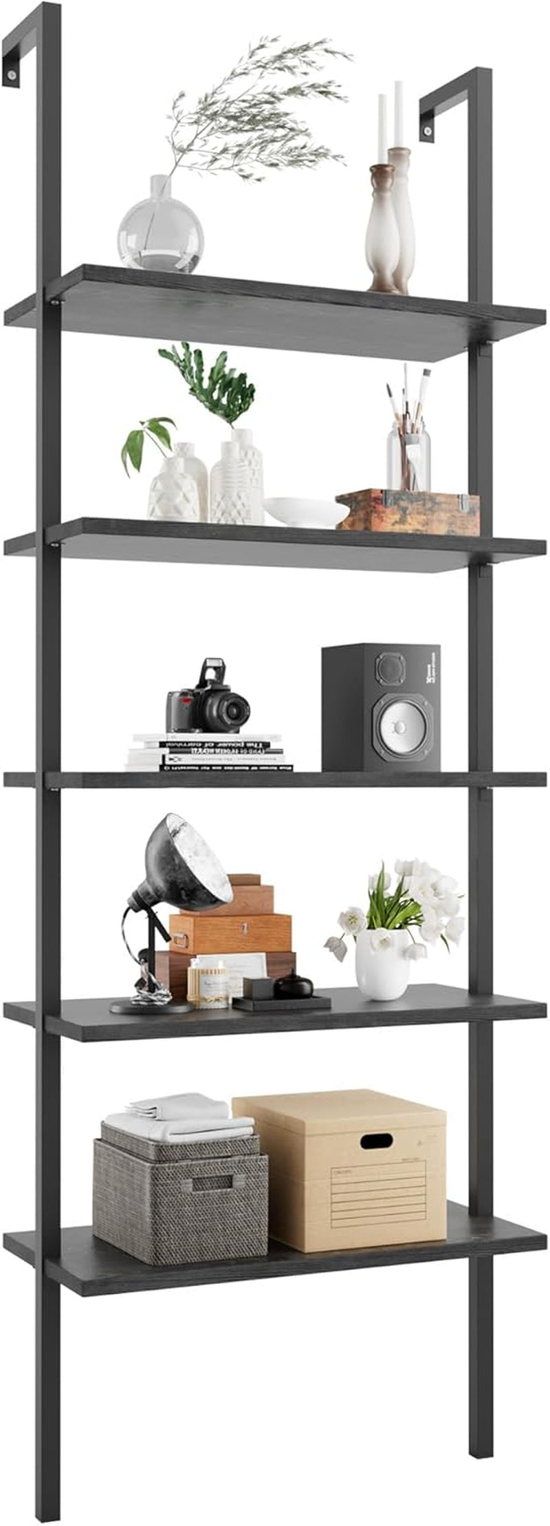 5-Tier Bookshelf Wall Mount Ladder Bookcase Industrial Standing Corner Bookshelf with Wood Board and Metal Frame, Modern Tall Narrow Storage Organizer for Home Office (Black, 1 Piece)