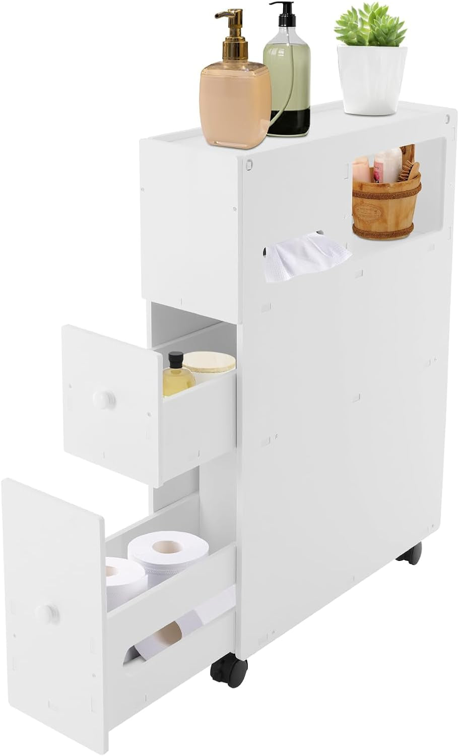 Bathroom Storage Cabinet, Storage Cabinet with Drawers, Movable Narrow Toilet Side Cabinet W/2 Slide Out Drawers, 2 Rattan Baskets & Shelves, Toilet Paper Holder on Wheels for Small Spaces