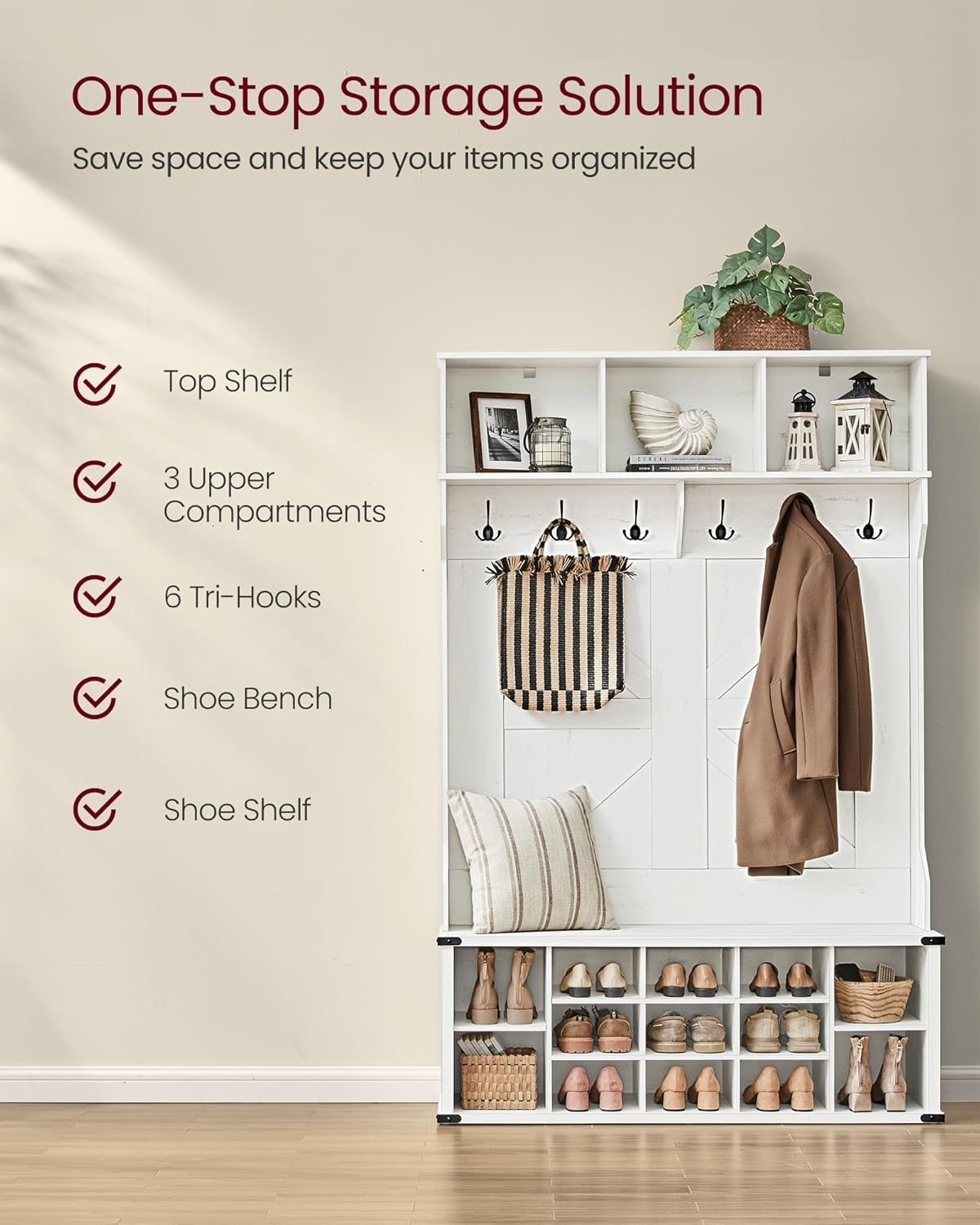 Hall Tree with Bench and Shoe Storage, Coat Rack with Shoe Bench, Entryway Furniture, 16 Open Compartments, 6 Tri-Hooks, Farmhouse Style, Space Saving, Rustic White UHSR427W02