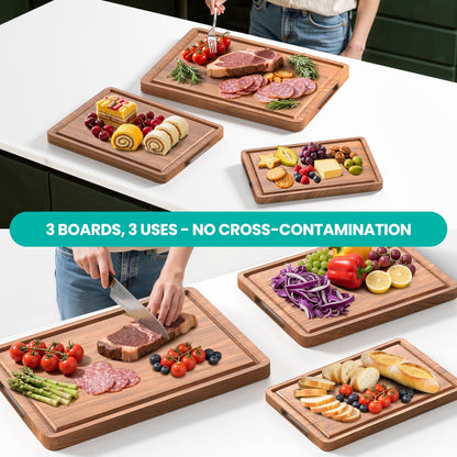 Acacia Wood Cutting Boards Set with Juice Groove & Handles for Kitchen 3-Piece Charcuterie Chopping Board for Meat Cheese Fruits Vegetables