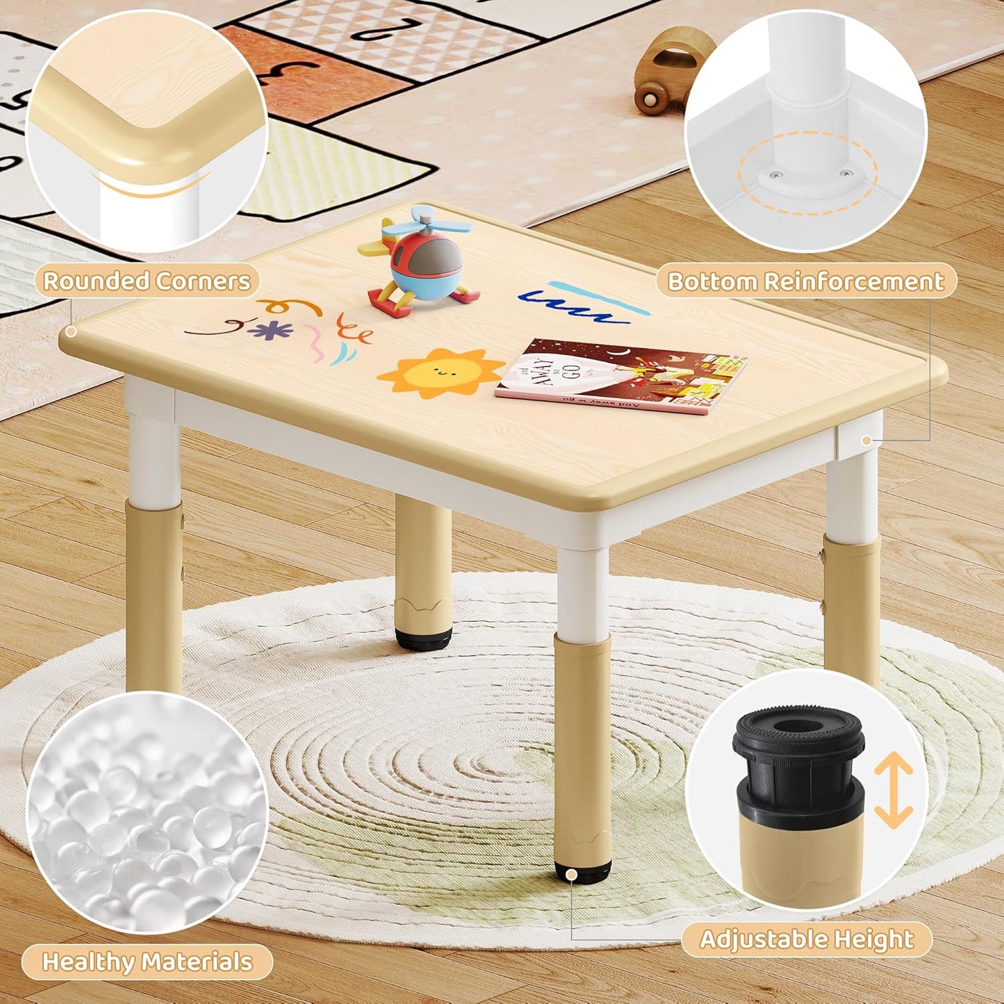 Kids Study Table and Chairs Set, Height Adjustable Toddler Table and Chair Set for Kids Ages 3-8, 31.5" L X 23.6" W Graffiti Desktop Plastic Children Art Table with 4 Seats, Brown