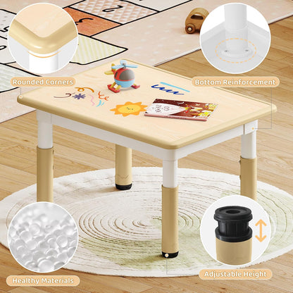 Kids Study Table and Chairs Set, Height Adjustable Toddler Table and Chair Set for Kids Ages 3-8, 31.5" L X 23.6" W Graffiti Desktop Plastic Children Art Table with 4 Seats, Brown