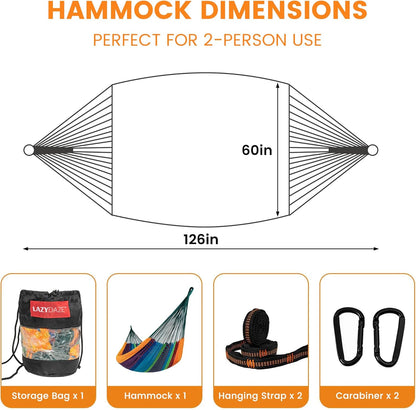 Handwoven Mayan Hammock, 10.5 FT Soft Rope Double Hammocks, Portable Outdoor Hammock with Carry Bag, 2 Straps & Carabiners for Patio Outside, 550 Lbs Weight Capacity, Multi Color
