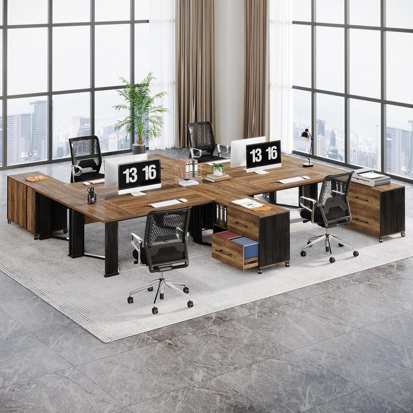 70.86" Executive Desk with Mobile File Cabinet, Large L Shaped Computer Office Desk with 2 Drawers and Storage Shelves, Business Furniture Desk Workstation for Home Office (Rustic Brown)
