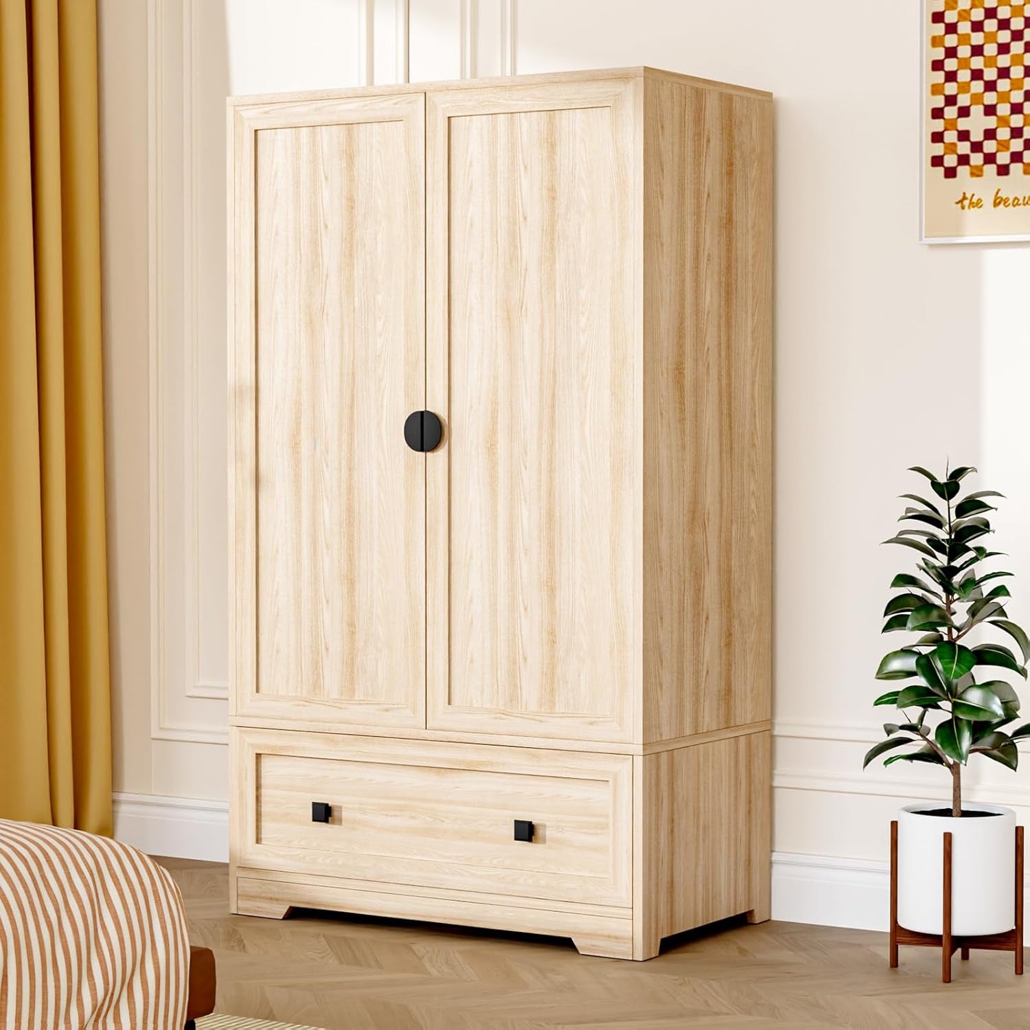 Armoire Wardrobe Closet with Doors, Hanging Rod, Shelves and Drawer - Freestanding Cabinet for Bedroom, Dorm - Oak, 38" W X 21" D X 65" H