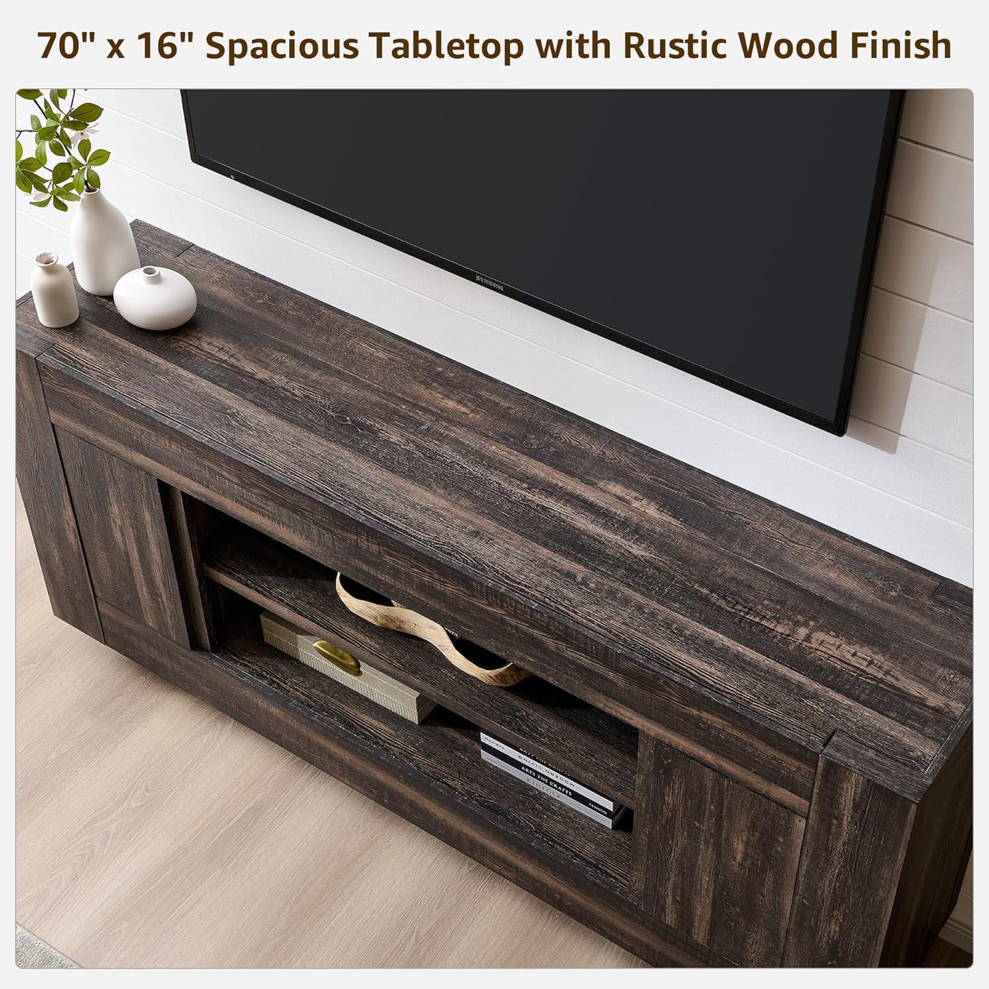 Modern 70" TV Stand, Entertainment Center for Tvs up to 80", Media Console with Large Open Storage & Side Cabinets, Thick Wood Design for Living Room, Dark Rustic Oak