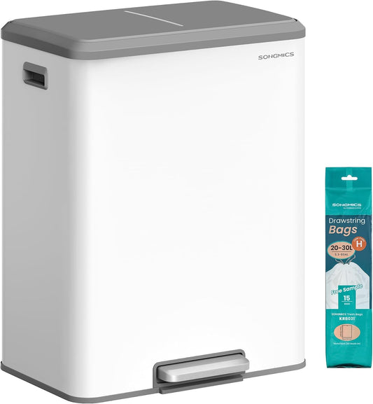 Trash Can, 2 X 8 Gallon (2 X 30 L) Double Garabge Can for Recycling and Waste, Stainless Steel, Soft-Close Lid, Inner Buckets, Wide Sturdy Pedal, Cloud White ULTB556W01