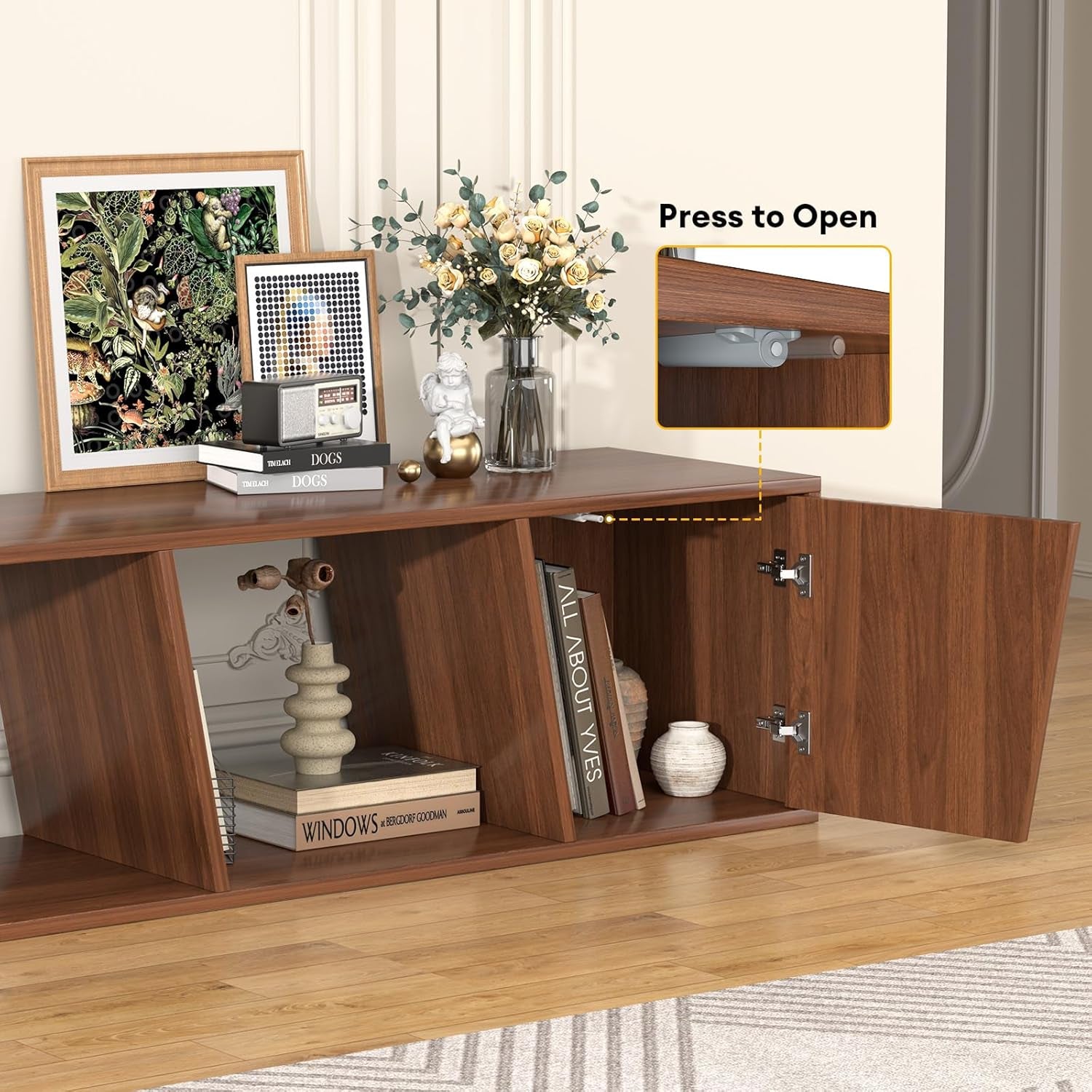 Extendable TV Stand with Sliding Doors Minimalist Rectangle, Wood Entertainment Center Walnut TV Console Table up to 110" W/Shelves Cabinet for Living Room, Bedroom (70.9”W-109”W)