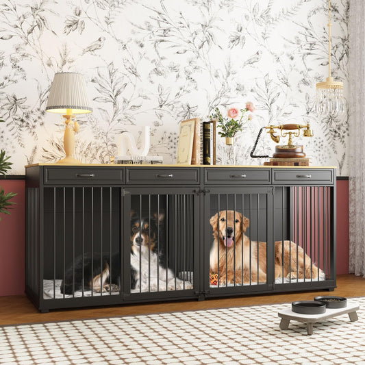 Extra Large Dog Crate with Double Rooms, 93" Heavy Duty Wooden Dog Cage Furniture Dog Crate Kennel W/Drawers & Removable Divider,Indoor Luxury Dog House for Large Dogs,Black