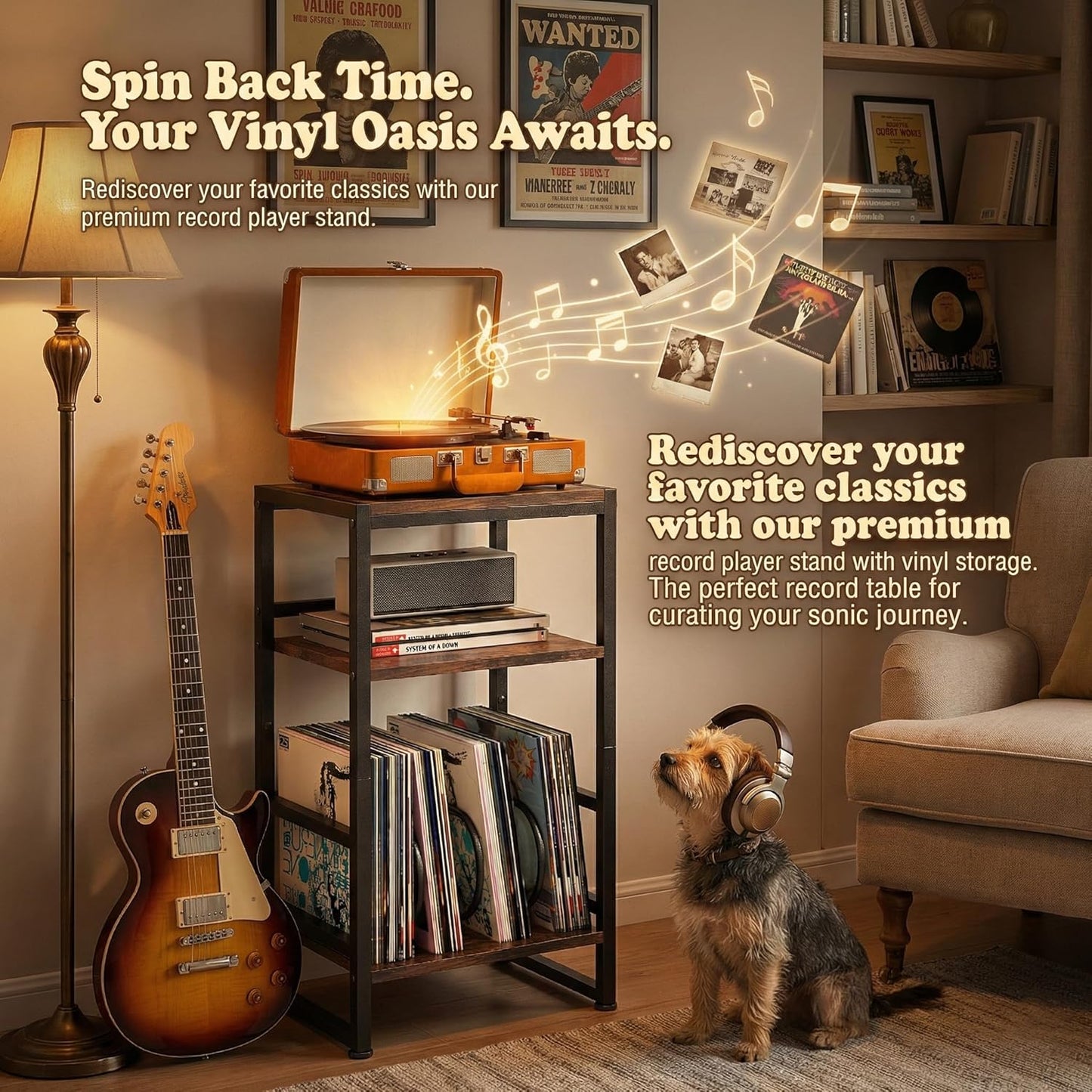 Record Player Stand,3-Tier Record Player Table with U-Shaped Vinyl Storage up to 120 Albums,28" H End Table Turntable Stand with Storage,Record Table Vinyl for Living Room Bedroom