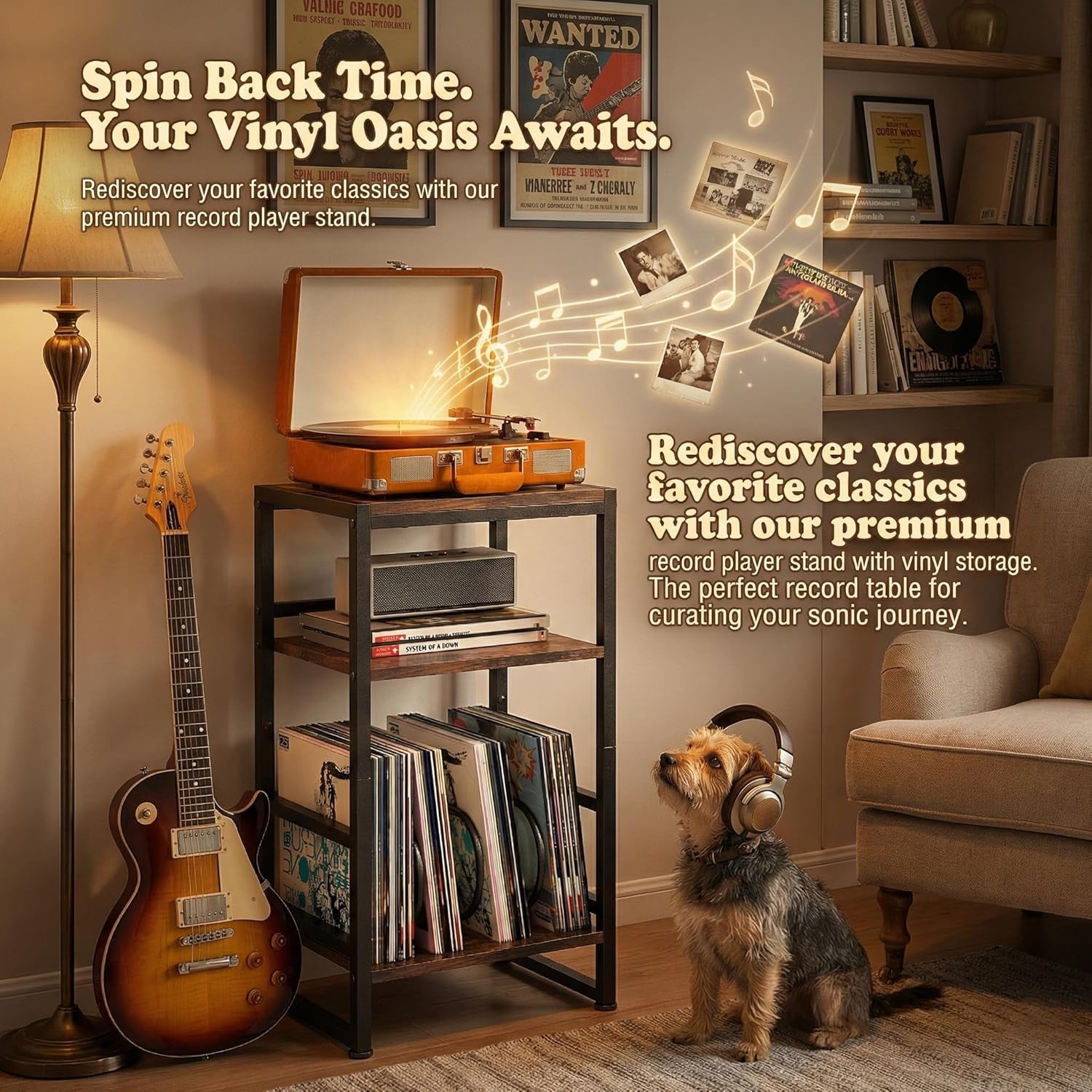 Record Player Stand,3-Tier Record Player Table with U-Shaped Vinyl Storage up to 120 Albums,28" H End Table Turntable Stand with Storage,Record Table Vinyl for Living Room Bedroom