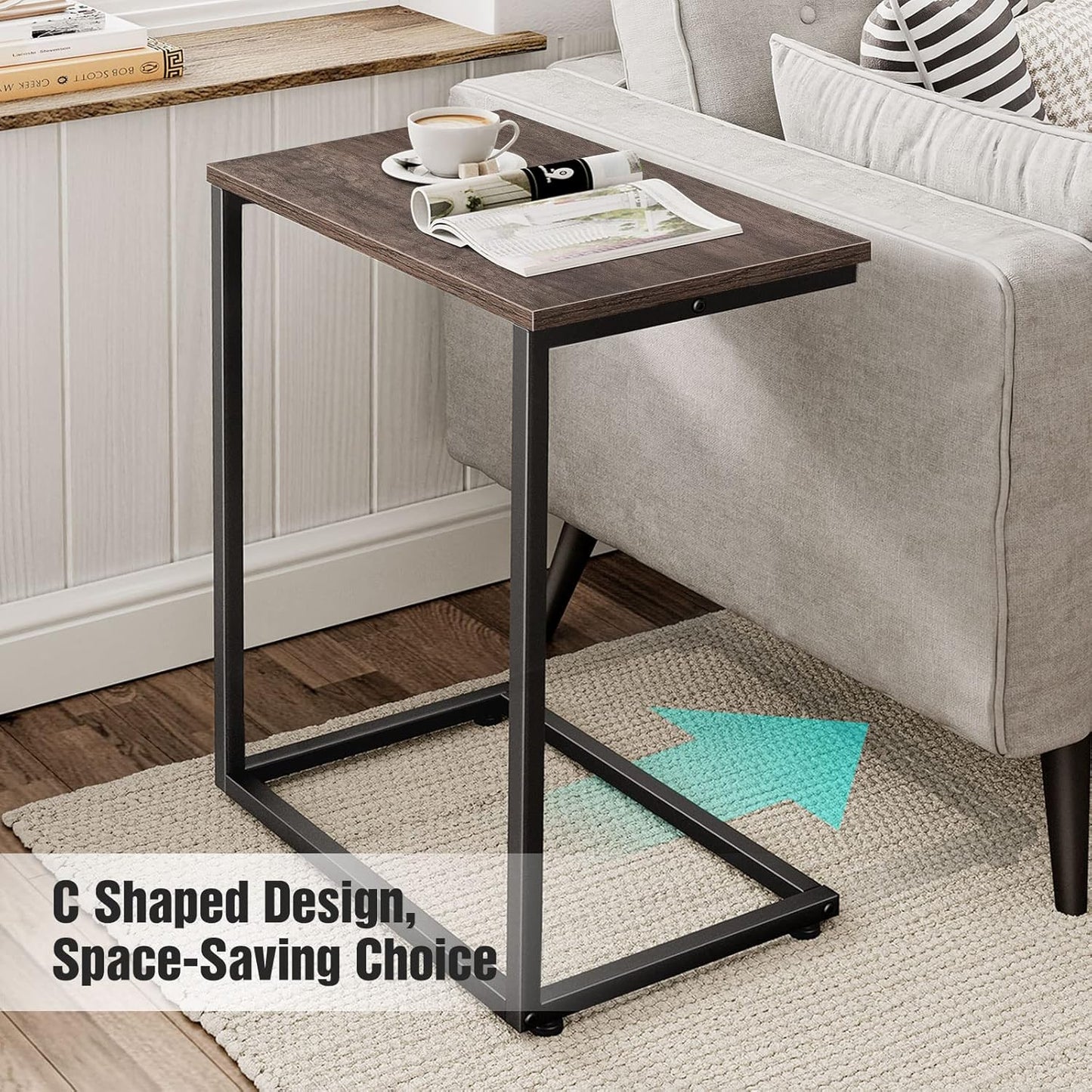Sofa Side Table Couch End: C Shaped Table That Slide under for Small Spaces Bedside Living Room - Narrow C Tray Laptop Rustic Grey C Shaped End Table-3 C Shaped End Table-3