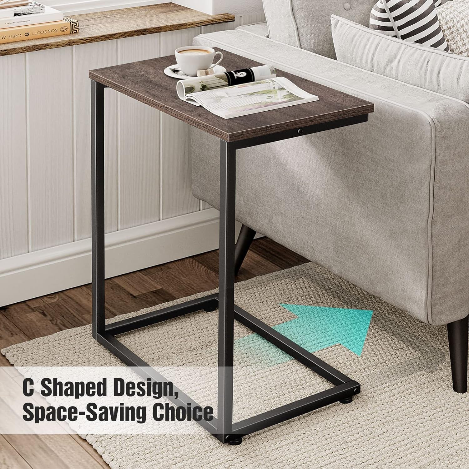 Sofa Side Table Couch End: C Shaped Table That Slide under for Small Spaces Bedside Living Room - Narrow C Tray Laptop Rustic Grey C Shaped End Table-3 C Shaped End Table-3