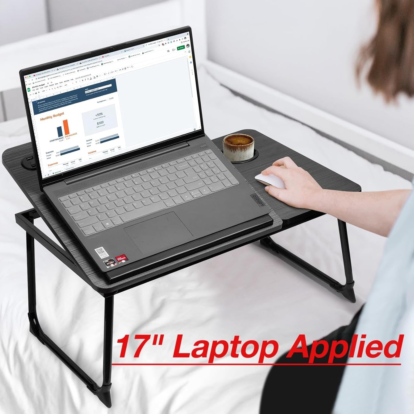 plus XL Adjustable Laptop Desk with Light, USB Port, Ipad Holder, Drawer Storage - Larger 23.6IN Adjustable Lap Desk for Bed, Home Office, Breakfast Tray, Fordable Legs Desk (Black)