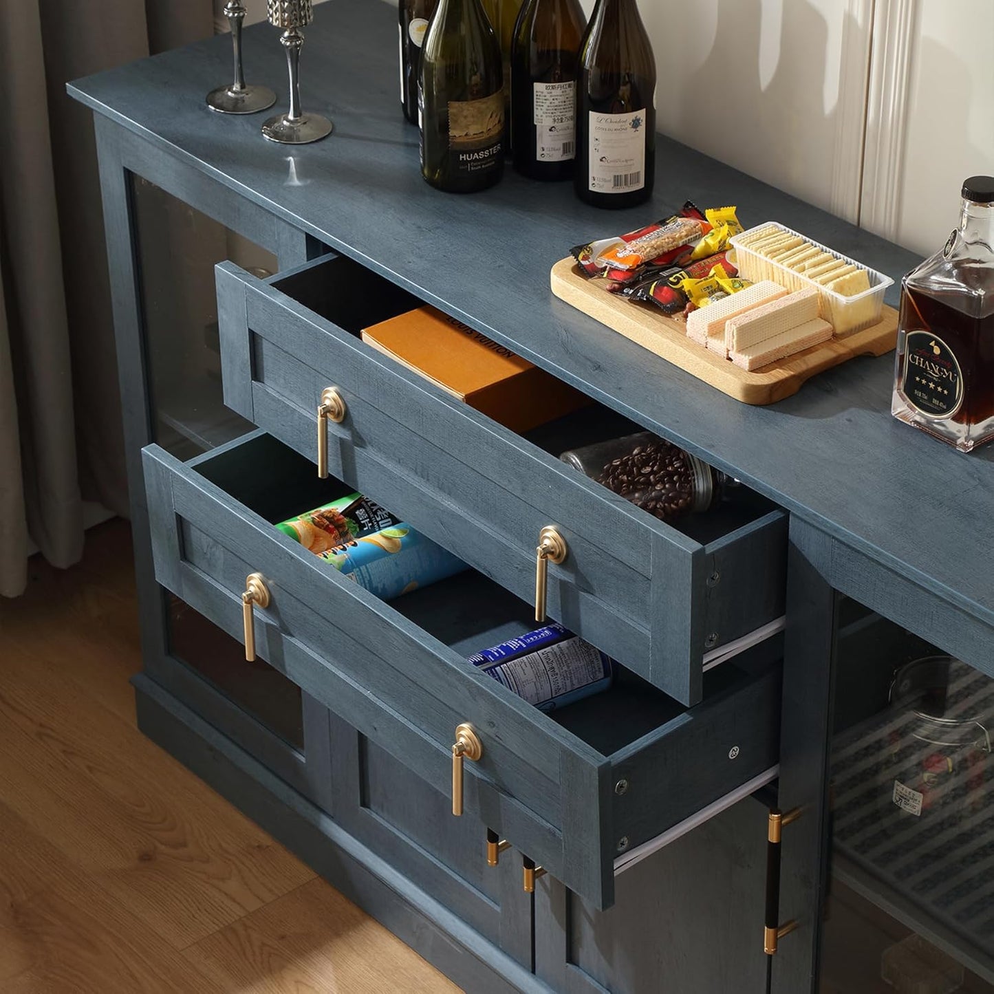58.2'' Modern Sideboard Buffet Cabinet with Storage, Accent Coffee Bar Cabinet with 2 Glass Doors,Sideboard Credenza with Golden Handles and Adjustable Shelves,Blue