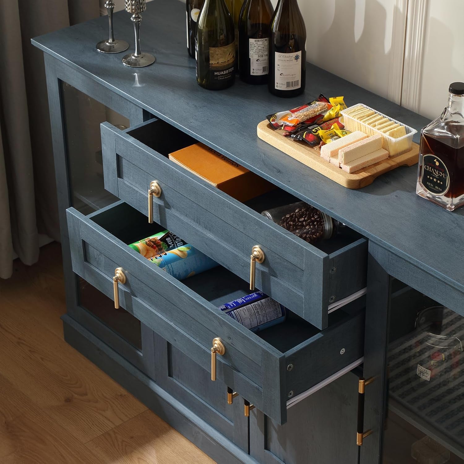 58.2'' Modern Sideboard Buffet Cabinet with Storage, Accent Coffee Bar Cabinet with 2 Glass Doors,Sideboard Credenza with Golden Handles and Adjustable Shelves,Blue