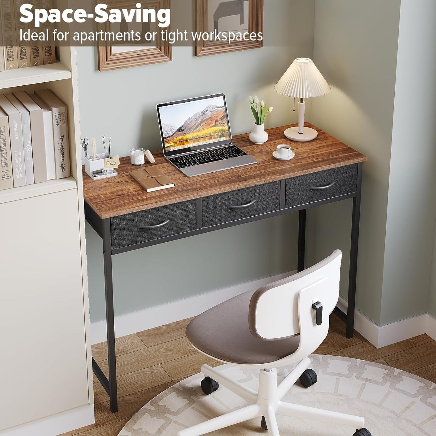 Computer Desk with Drawers, 39.3 Inch Small Vanity Desk with Storage, Home Office Bedroom Desk for Small Spaces, Modern Work Writing Study Gaming Tables, Rustic Brown