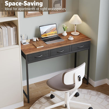Computer Desk with Drawers, 39.3 Inch Small Vanity Desk with Storage, Home Office Bedroom Desk for Small Spaces, Modern Work Writing Study Gaming Tables, Rustic Brown