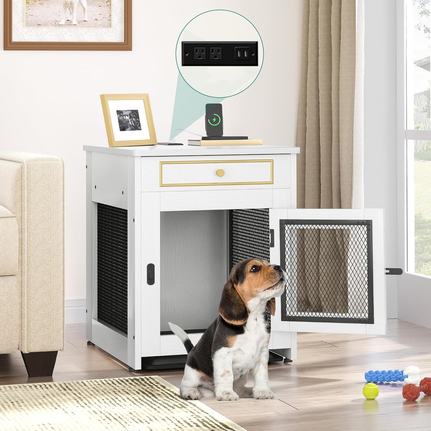 Dog Kennel Furniture with Dual USB Charger, Dog Crate End Table with Tray, Wooden Dog Crate Furniture with Cushion for Small Dogs, White