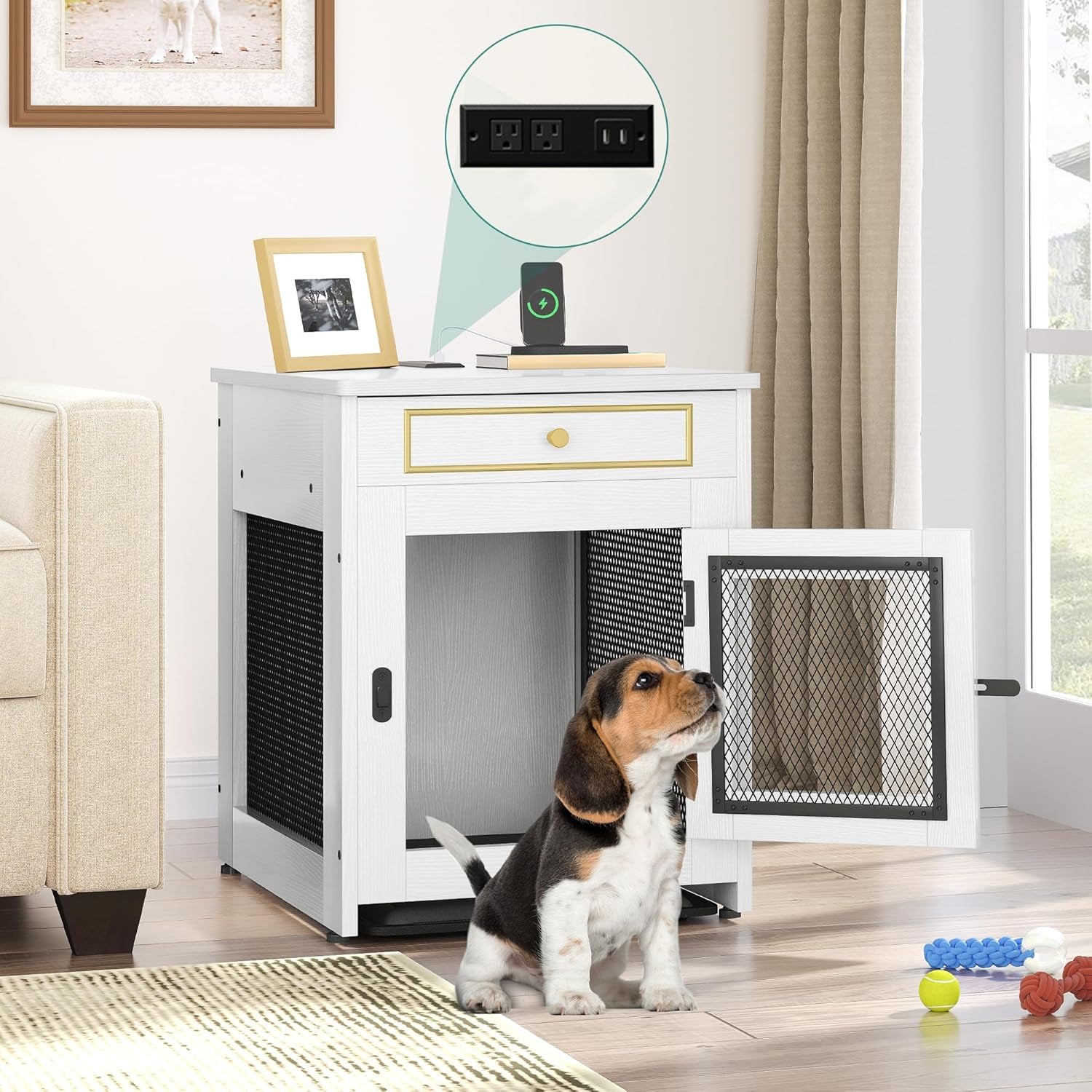 Dog Kennel Furniture with Dual USB Charger, Dog Crate End Table with Tray, Wooden Dog Crate Furniture with Cushion for Small Dogs, White