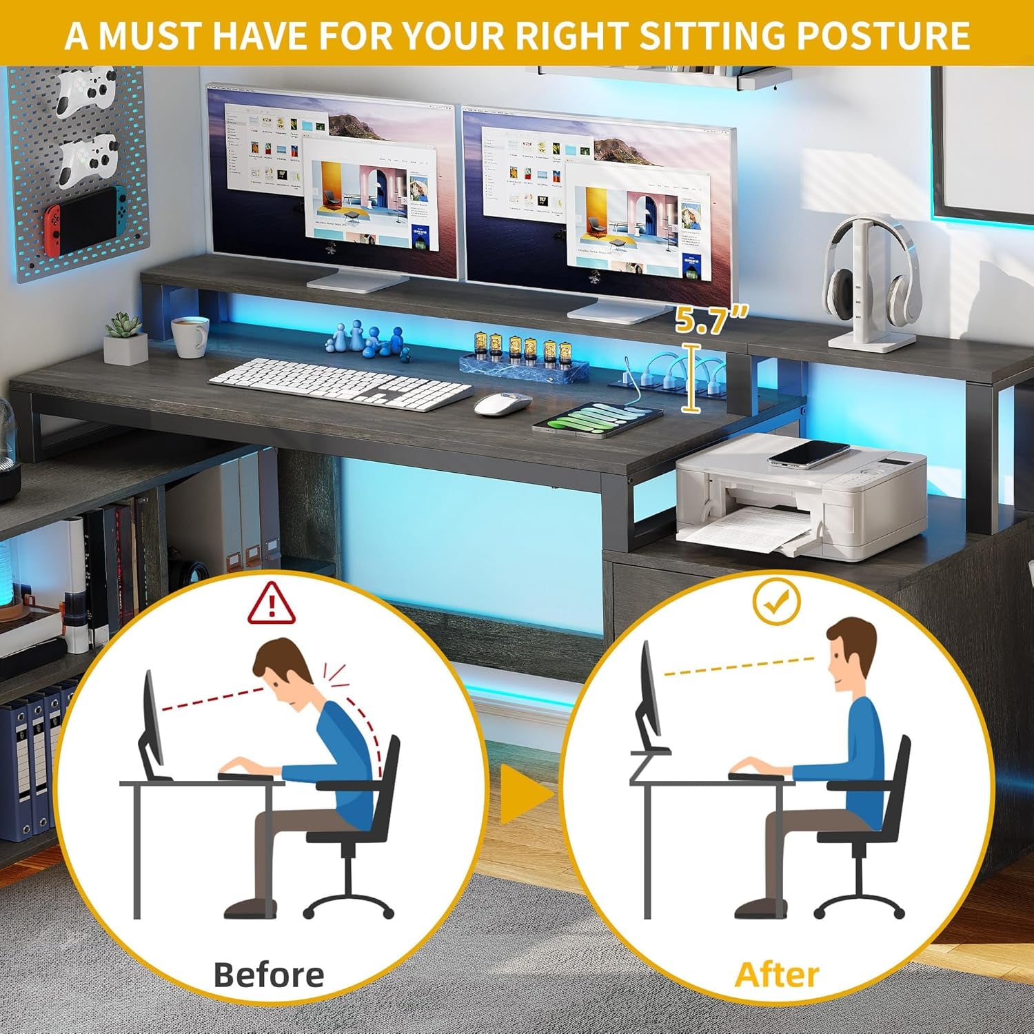 L Shaped Desk with Drawers, 65" Computer Desk with Power Outlets & LED Lights, Corner Home Office Desk with Storage Shelves & Printer Stand, Grey