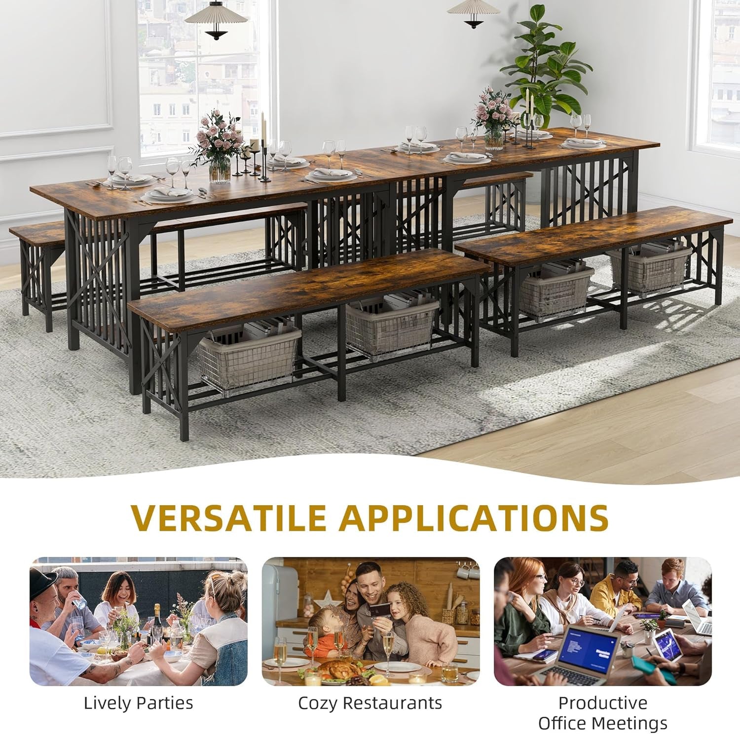 3-Piece Dining Table Set for 4-6 People, 63" Dining Room Table with 2 Benches, Industrial Rectangular Dining Room Table Set with Storage for Kitchen, Dining Room, Rustic Brown