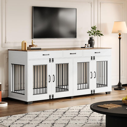 71 in Large Dog Crate Furniture for 2 Dogs with 3 Drawers, Heavy Duty Double Indoor Dog Kennel and TV Stand for Medium Large Dogs, Brown & White