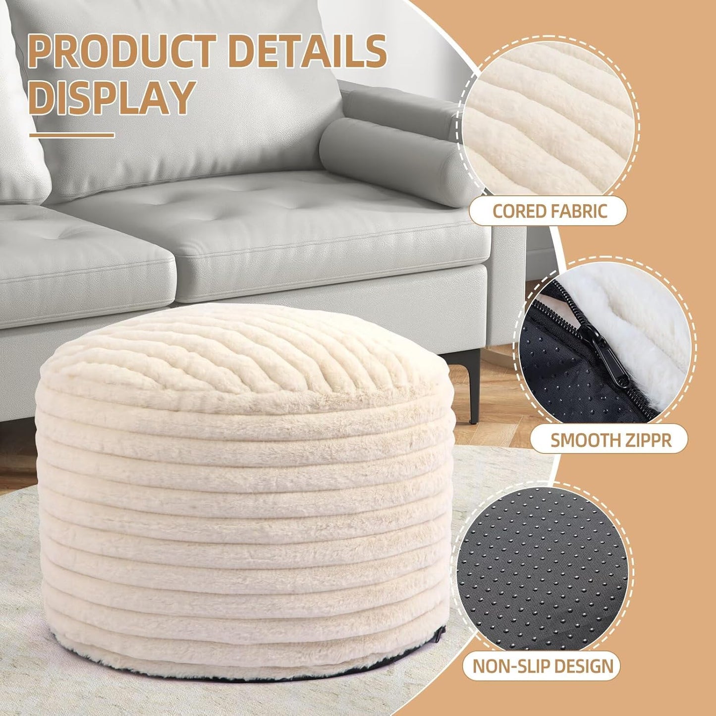 Round Stuffed Pouf Ottoman Foot Rest for Couch round Ottoman with Foam Chunk Filling Stripe Faux Fur Ottomans for Living Room Floor (20"X15",Beige)