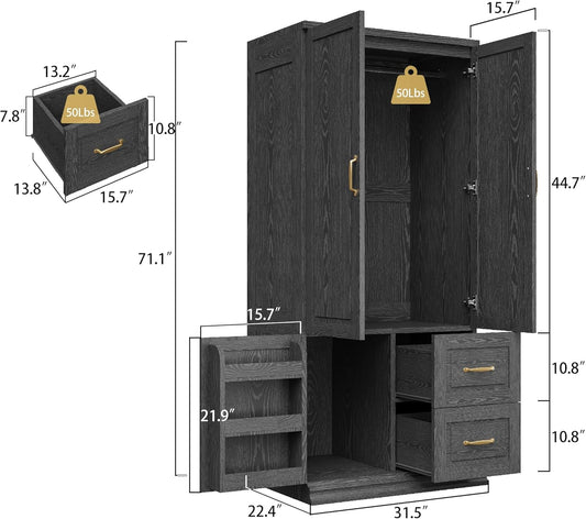 Wardrobe with Drawers, 71.1" H Wooden Closet with 2 Doors and Hanging Rod for Hanging Clothes, Tall Bedroom Freestanding Armoire Storage Cabinet, Stand Alone Clothing Organizer Closet, Black