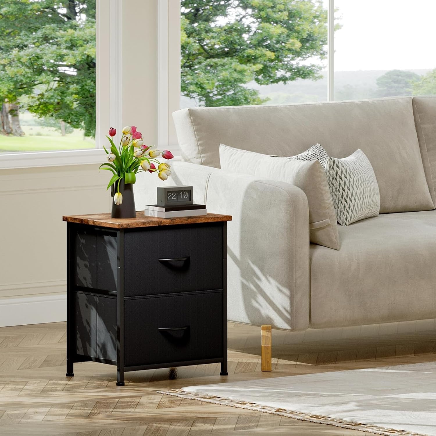Black Nightstand, Small Dresser for Bedroom with 2 Drawers, Bedside Table Night Stand End Table with Fabric Bins for Bedroom Kids Closet Dorm Guest Room, Black Rustic Brown