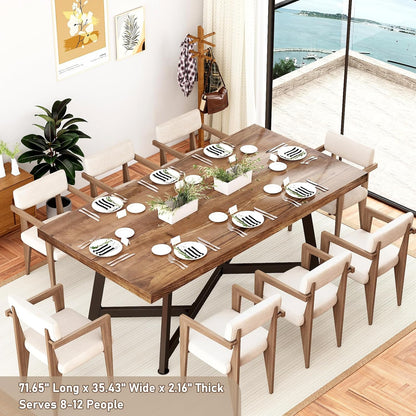71" Farmhouse Solid Wood Dining Table for 4 6 8 People, Rustic Large Wooden Kitchen Table Rectangular Hardwood Top with Steel Leg X-Base, Home Office Kitchen Furniture, Oak