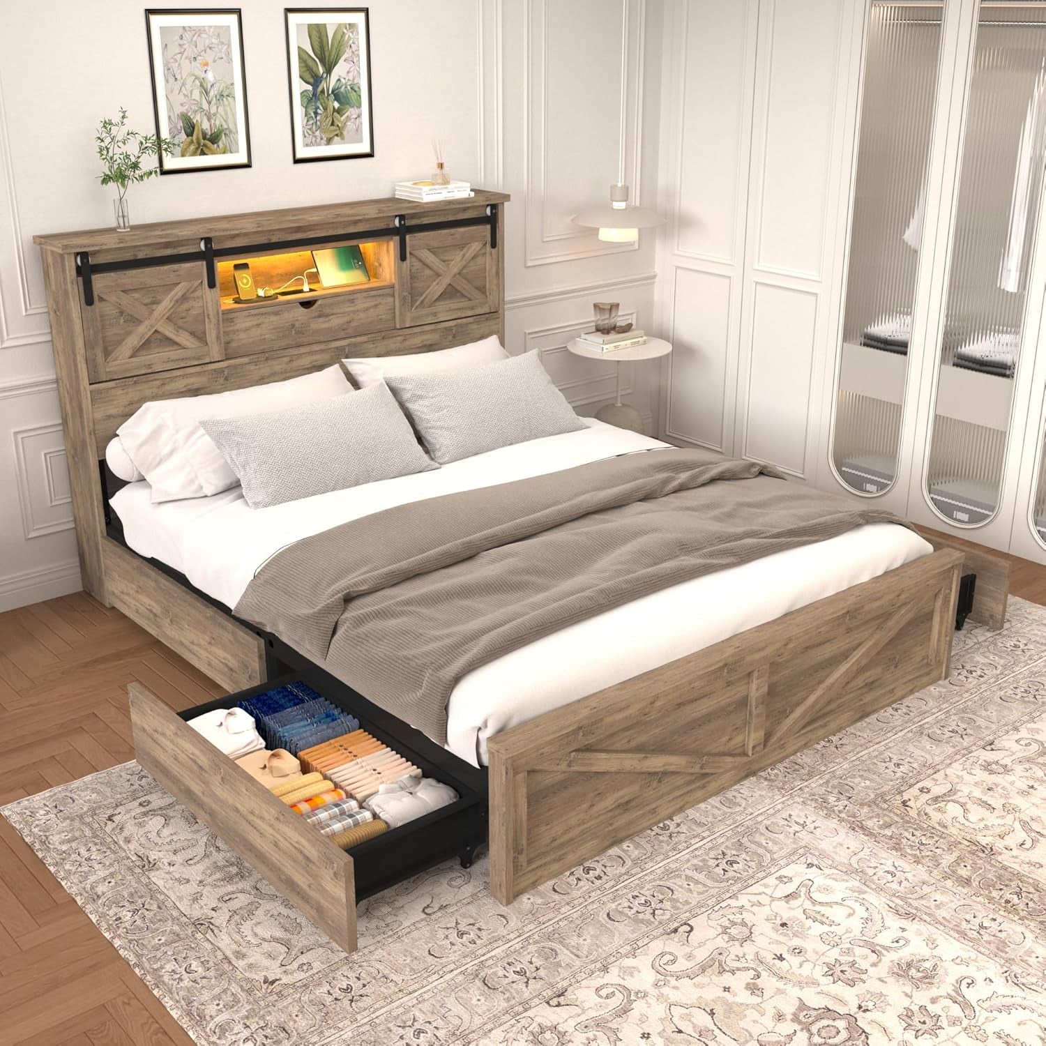 Farmhouse Queen Size Bed Frame with Storage Bookcase Headboard, Wooden Bed with LED Lights, Charging Station, 2 Drawers, Rustic Bed Frame with Sliding Barn Door for Bedroom (Grey Oak, Queen)