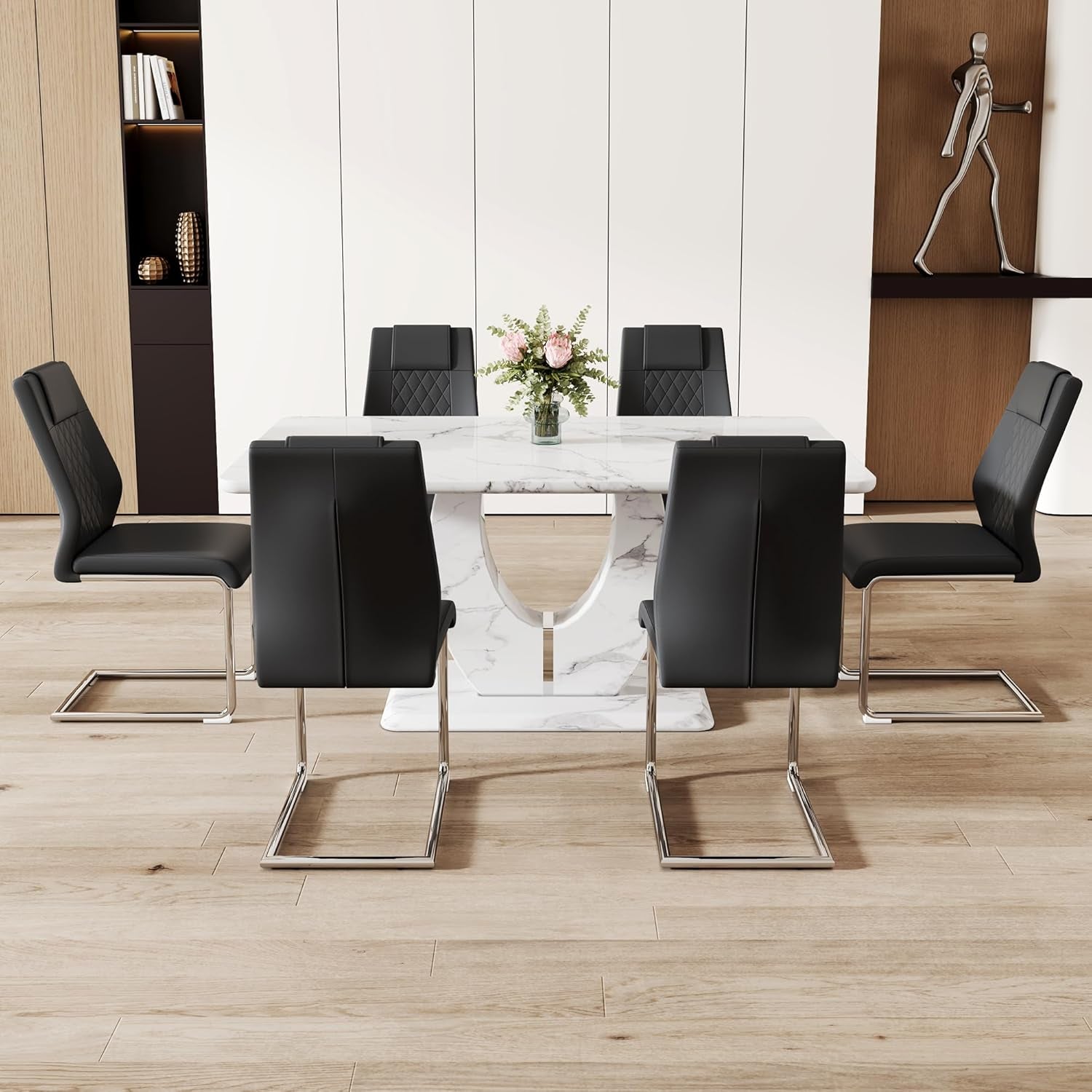 Dining Table Set for 6, Kitchen Table Chairs Set of 6, Modern Dining Room Set with 63'' Marble Dinner Table PU Leather Upholstered Chairs for Kitchen (Black-C, White Table with 6 Chairs)