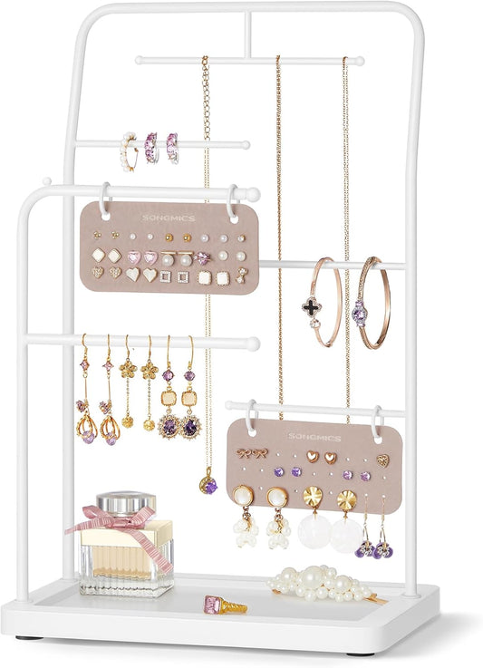 Jewelry Stand, Jewelry Organizer, Jewelry Display Holder with Metal Frame, 2 Earring Boards, 6 Hanging Rods, Necklace Earring Bracelet Holder, for Rings, Cloud White UJJS024W01