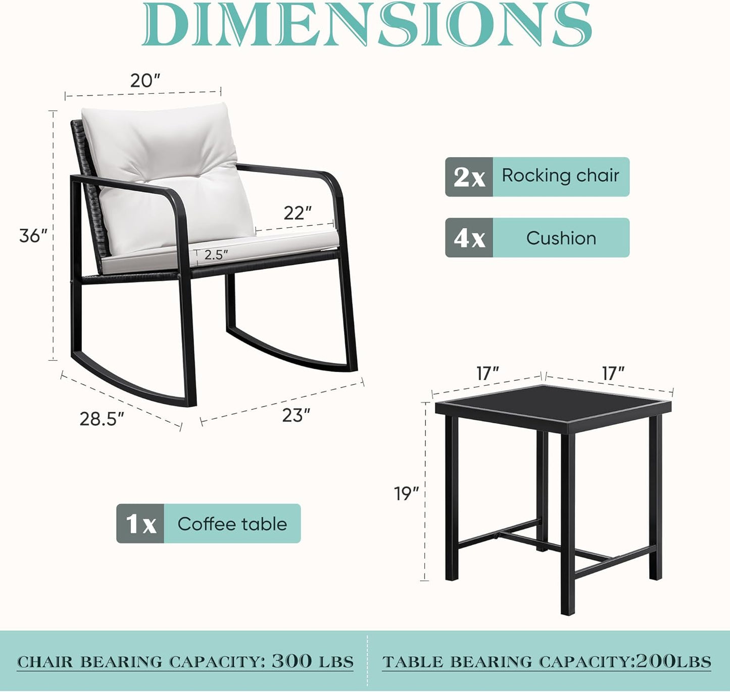 3 Pieces Rocking Wicker Bistro Set, Patio Outdoor Furniture Conversation Sets with Porch Chairs and Glass Coffee Table, Beige