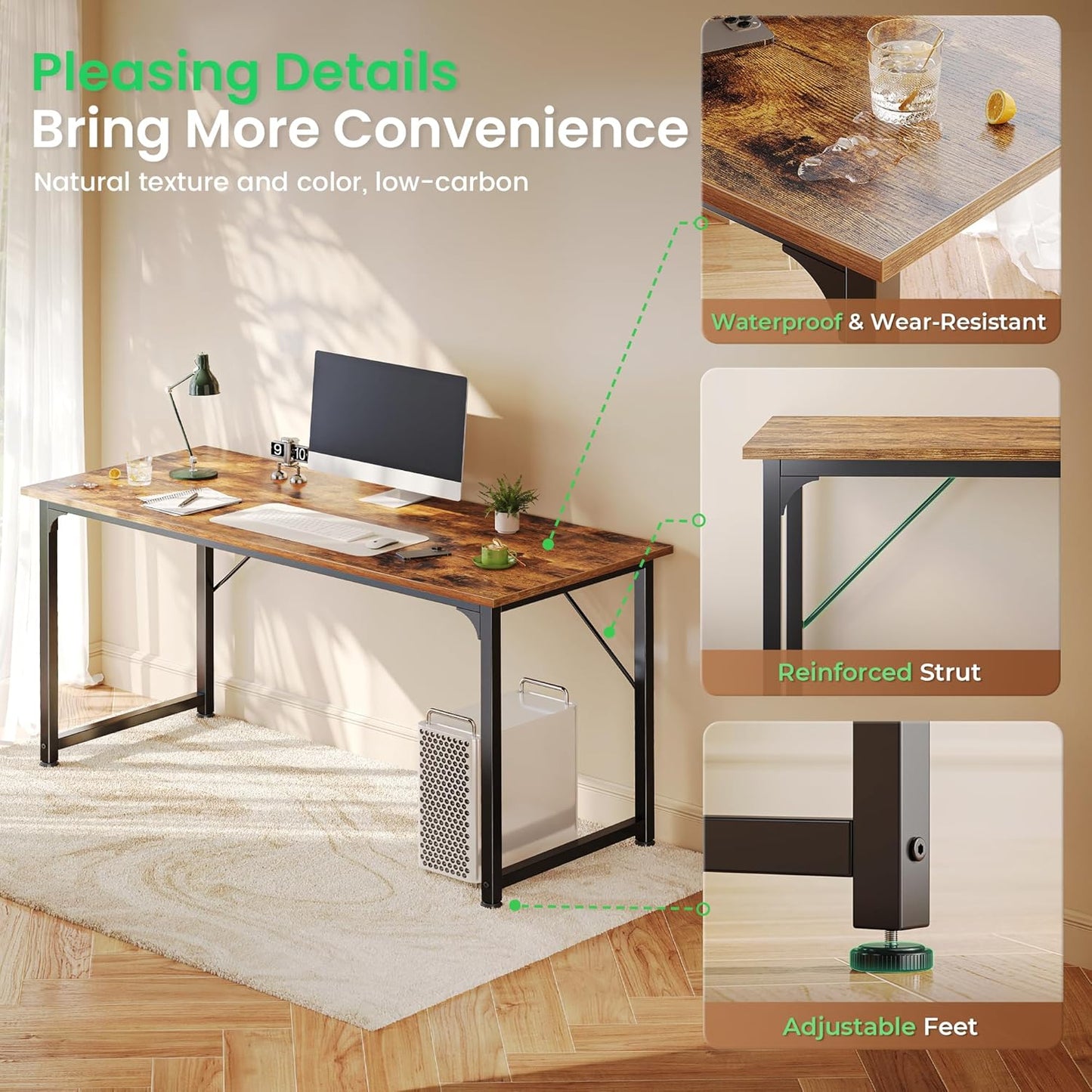 Computer Desk, 55 Inch Home Office Desk, Gaming Writing Work from Home Study Desk, Large Legroom, Sturdy Metal Frame, Modern Simple, Rustic Brown