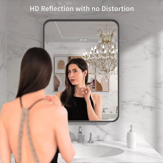 Black Metal Framed Bathroom Mirror for Wall, 22X30 Inch Rounded Rectangle Mirror, Matte Black Bathroom Vanity Mirror Farmhouse, Anti-Rust, Hangs Horizontally or Vertically