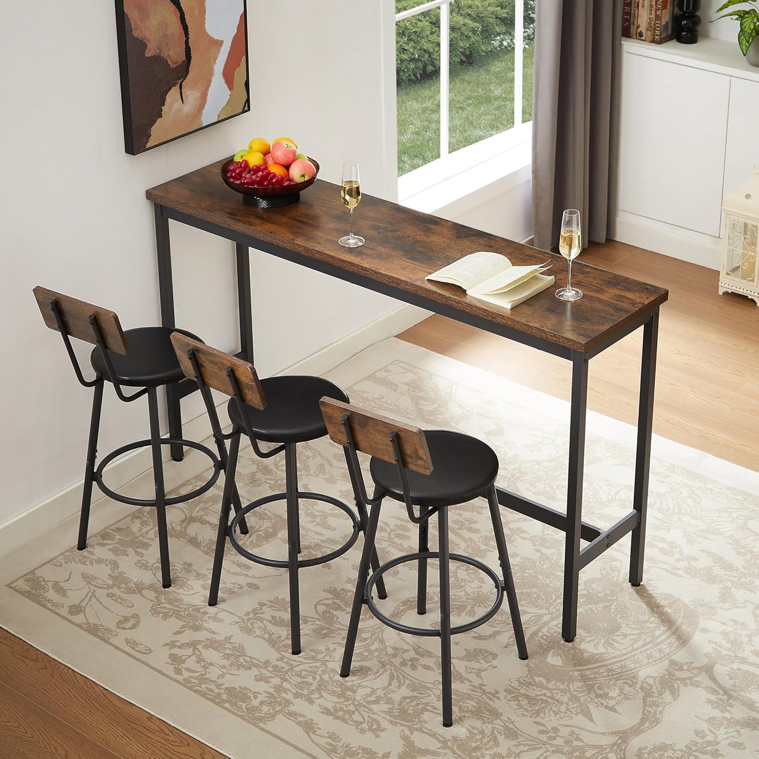 Long Bar Table Set with 3 PU Upholstered Bar Stools, Dining Table and Chair Sets, Industrial Tall Coffee Table and Back Chair for Kitchen, Living Room, Party Room, Small Space, Pub, Brown